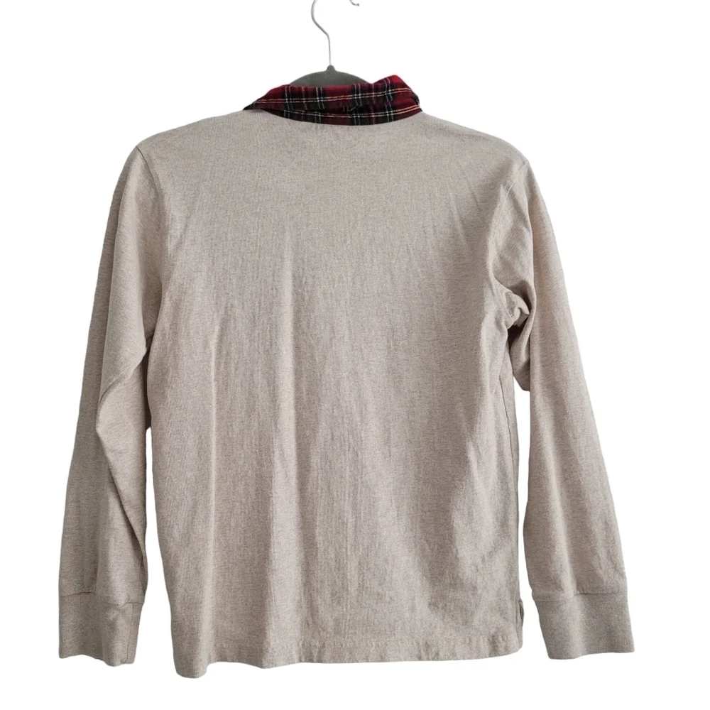 Crewcuts 10/11 Oatmeal Long Sleeve Polo Shirt Red Plaid Collar Christmas Holiday